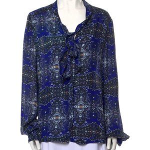 A.L.C. Silk Printed Blouse Blue Pattern Long Sleeve Tie Neck Bow ALC Sz Small S